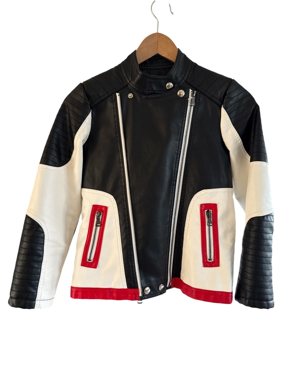 Budermmy Kids Biker Black & White Leather Moto Jacket with Red Accents